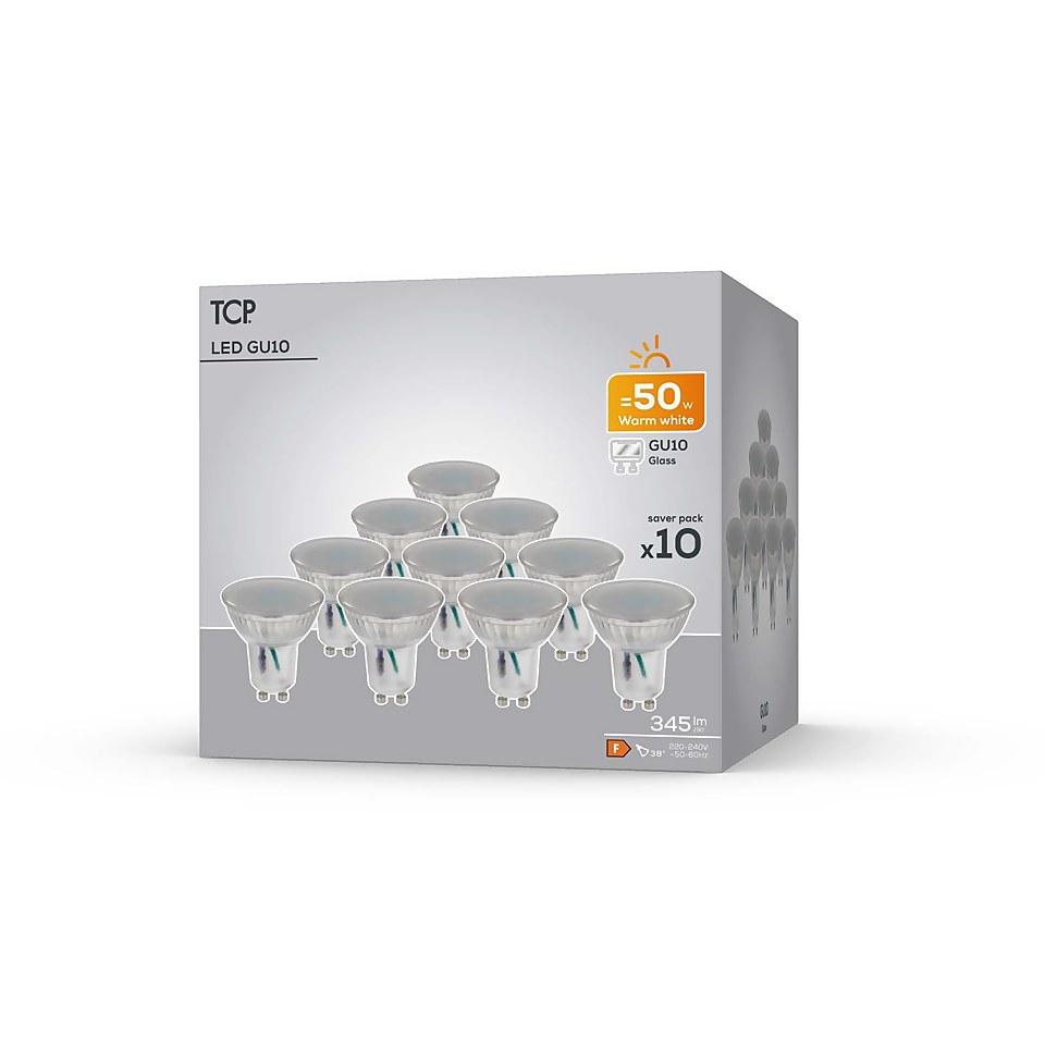TCP LED Glass GU10 50W Warm Light Bulb - 10 pack