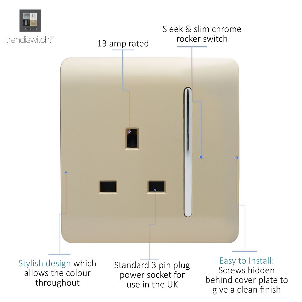 Trendi Switch 1 Gang 13 amp Plug Socket in Screwless Gold