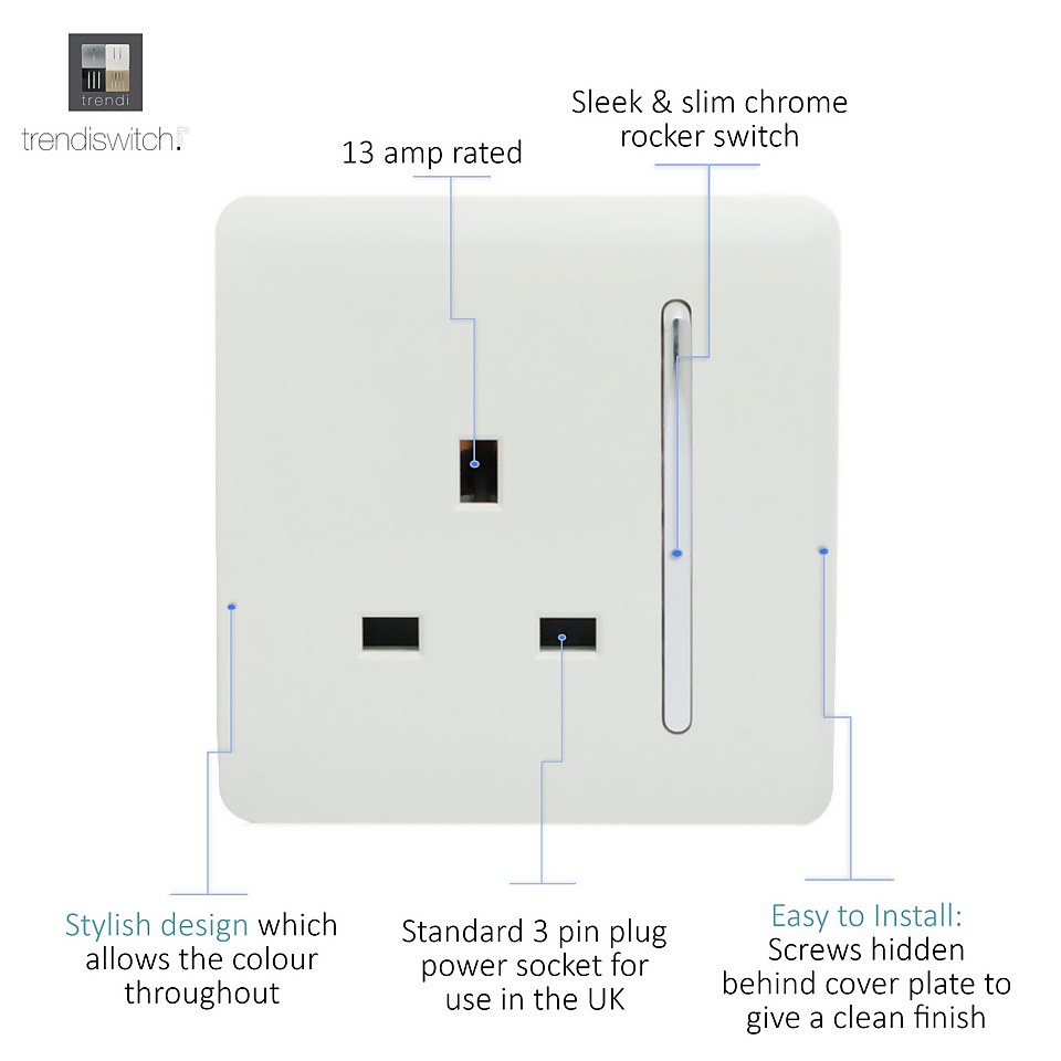 Trendi Switch 1 Gang 13 amp Plug Socket in Screwless White