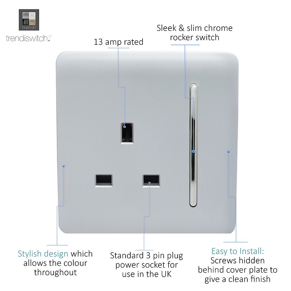 Trendi Switch 1 Gang 13 amp Plug Socket in Screwless Silver