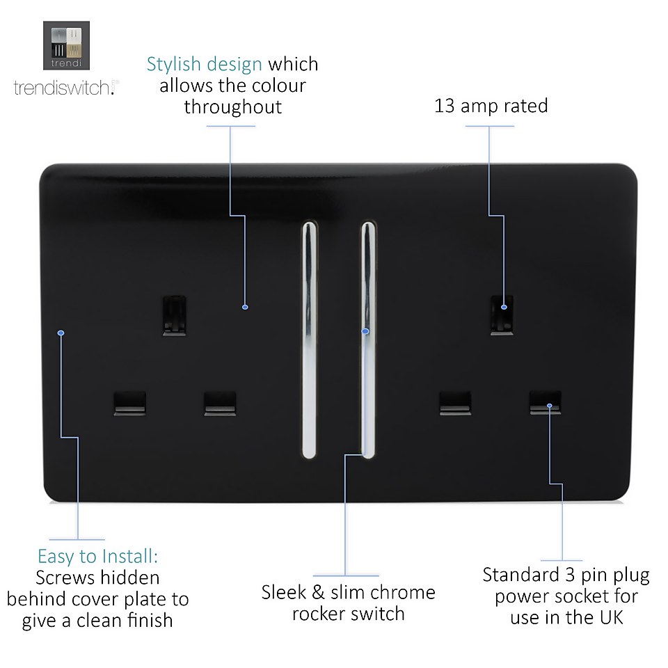 Trendi Switch 2 Gang 13 amp long switched Plug Socket in Screwless Black