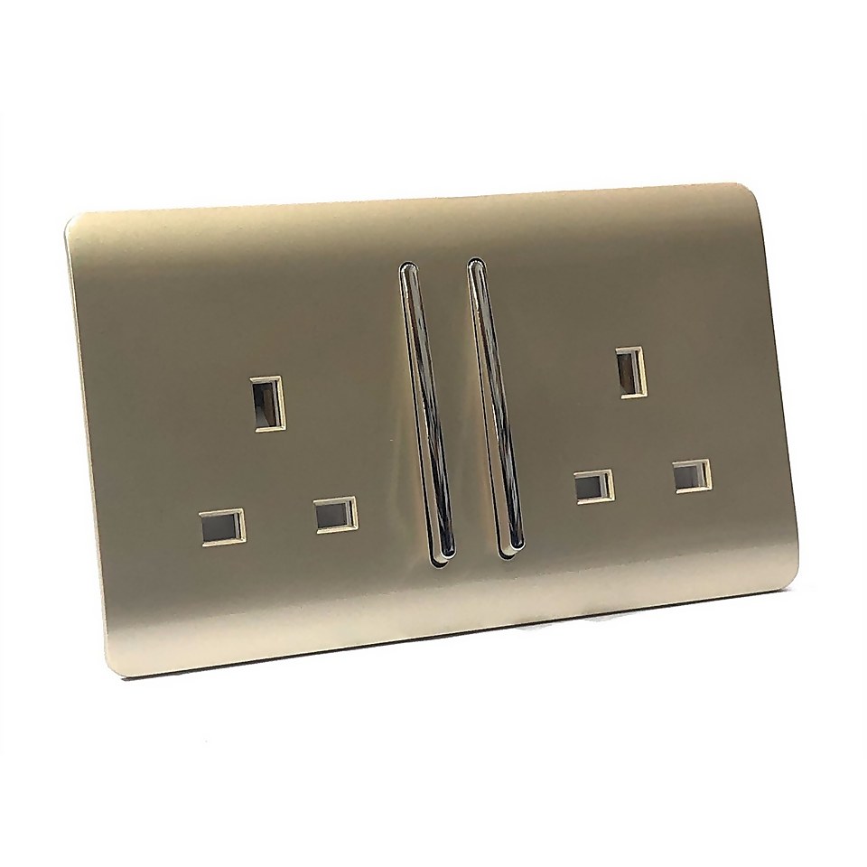 Trendi Switch 2 Gang 13 amp long switched Plug Socket in Screwless Gold