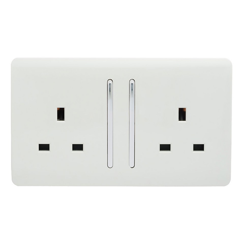 Trendi Switch 2 Gang 13 amp long switched Plug Socket in Screwless White