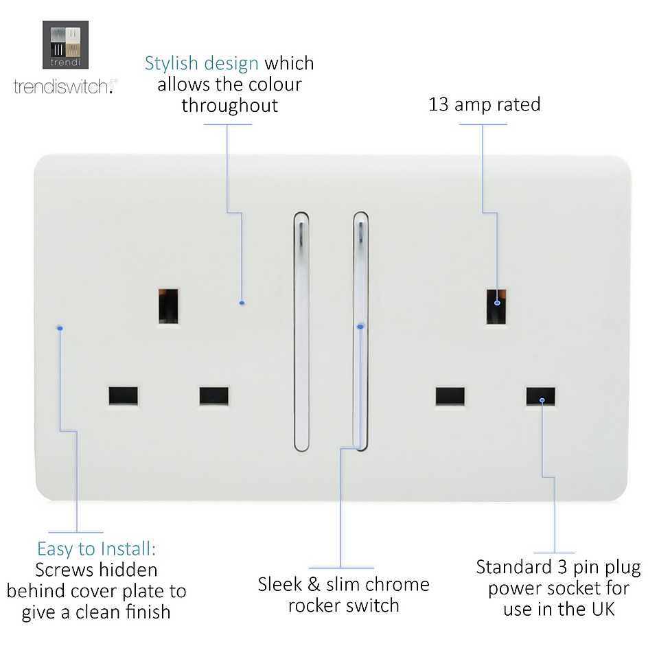 Trendi Switch 2 Gang 13 amp long switched Plug Socket in Screwless White