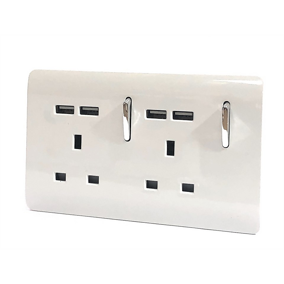 Trendi Switch 2 Gang 13 amp short switched Plug 4x USB Socket in Screwless White