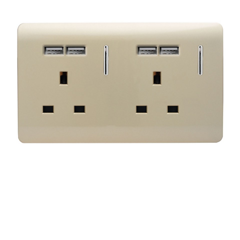 Trendi Switch 2 Gang 13 amp short switched Plug 4x USB Socket in Screwless Gold