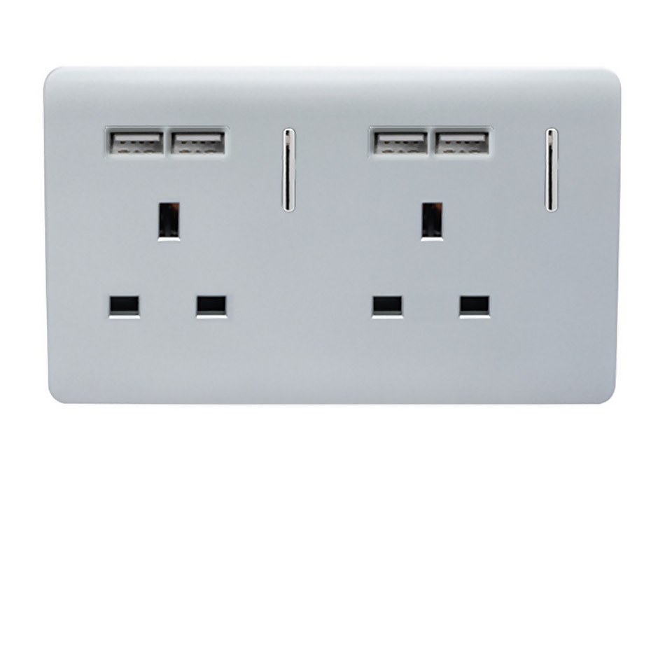 Trendi Switch 2 Gang 13 amp short switched Plug 4x USB Socket in Screwless Silver