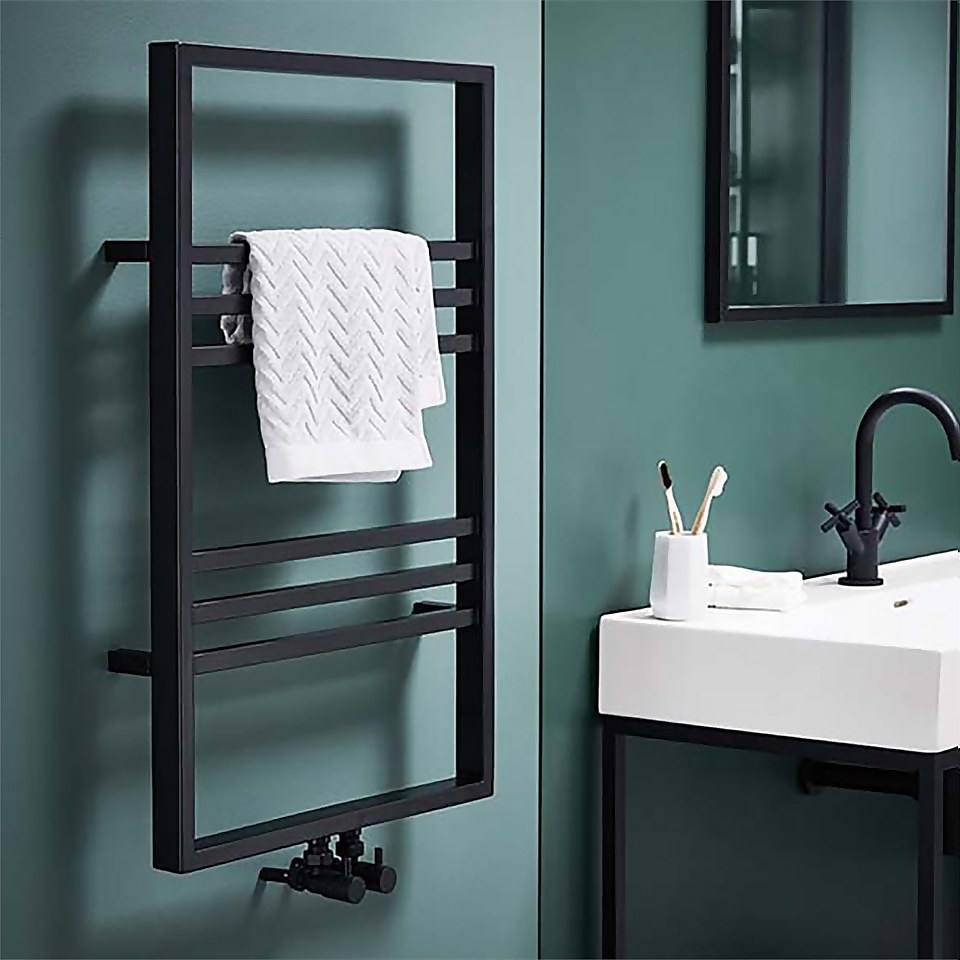 Bathstore Noir Heated Towel Rail Radiator with Ladder Style & 6 Horizontal Square Tubes in Black - 800mm x 500mm