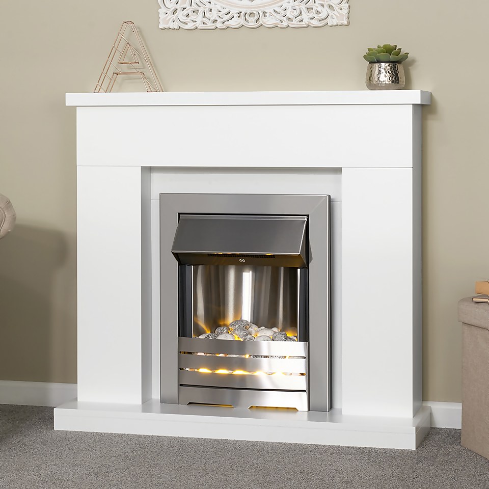 Adam Lomond Fireplace Surround & Helios Electric Fire with Flat to Wall Fitting - White & Brushed Steel