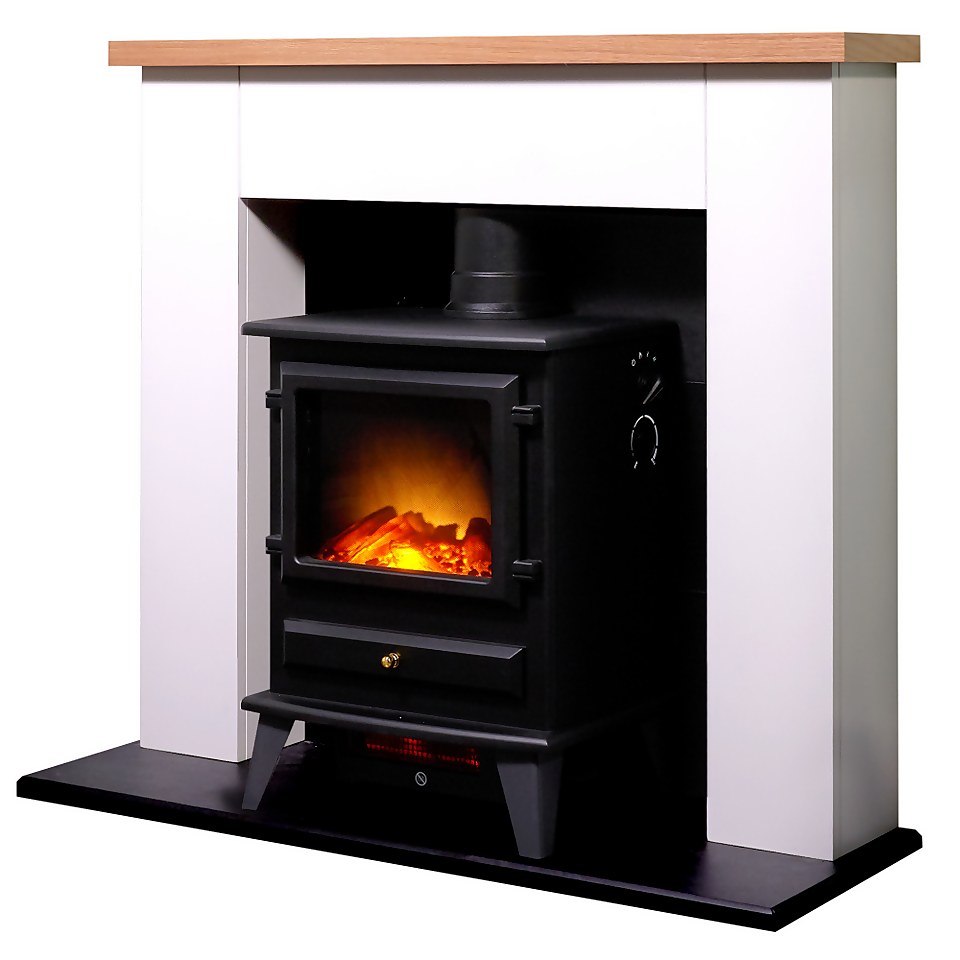 Adam Chester Fireplace Surround & Hudson Electric Stove with Flat to Wall Fitting - White & Black