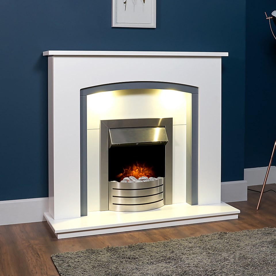 Adam Tuscany Fireplace Surround & Comet Electric Fire with Downlights & Flat to Wall Fitting - White, Grey & Brushed Steel