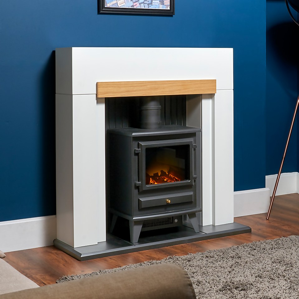 Adam Salzburg Fireplace Surround & Hudson Electric Stove with Flat to Wall Fitting - Oak & Black