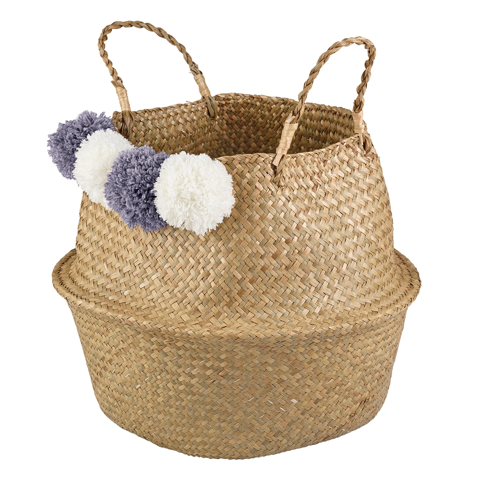 Seagrass Foldable Basket with Pom Poms