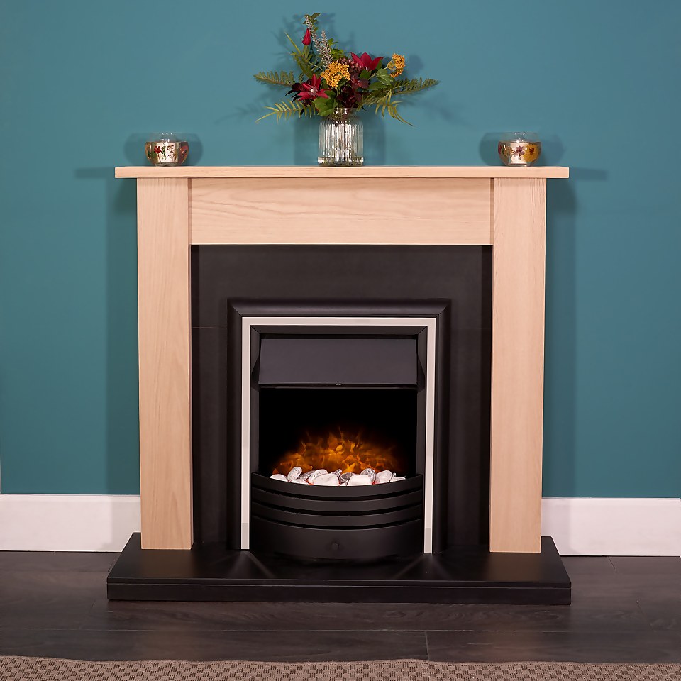 Adam Southwold Fireplace Surround & Cambridge Electric Fire with Flat to Wall Fitting - Oak & Black