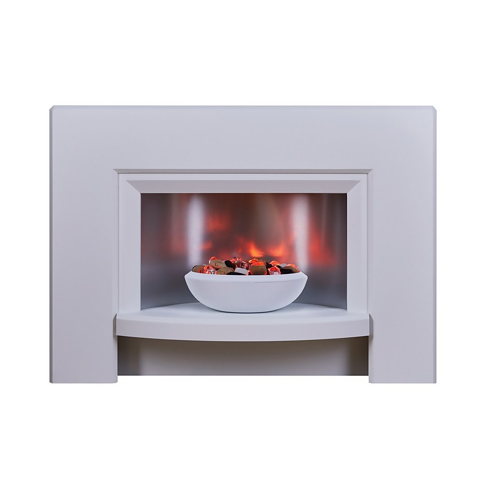 Suncrest Stockeld Electric Fire Suite with Smart Remote & Flat to Wall Fitting - White & Brushed Steel