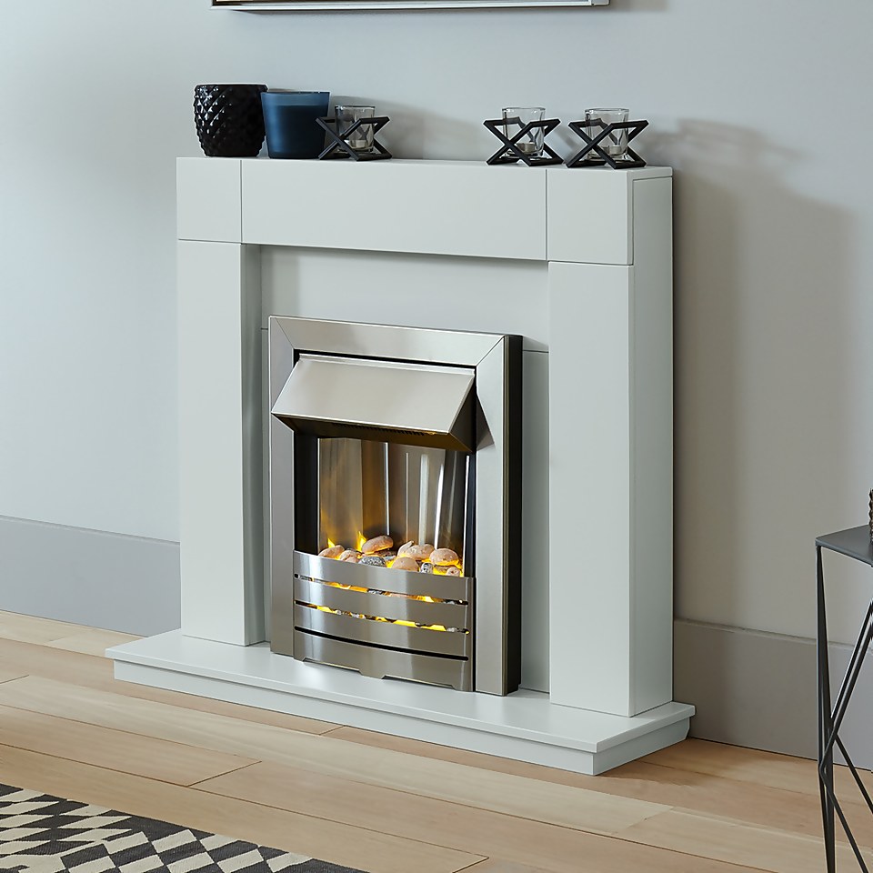 Adam Malmo Fireplace Surround & Helios Electric Fire with Flat to Wall Fitting - White & Brushed Steel