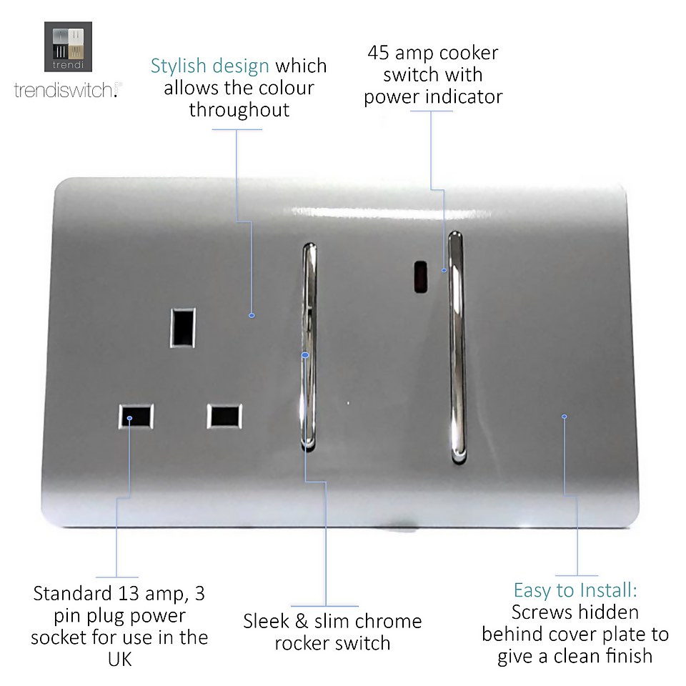 Trendi Artistic Modern 45 A Cooker Switch Inc Plug Socket and Neon Insert Stainless Silver