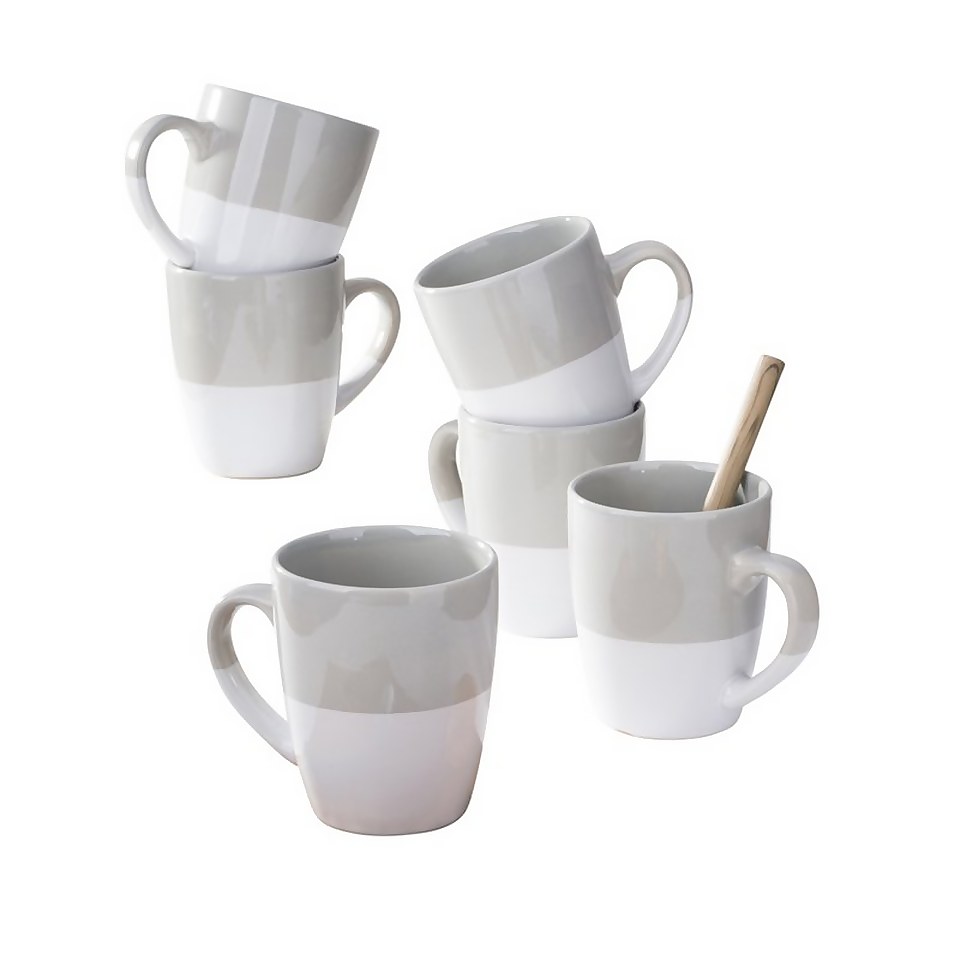 Grey White Dipped Glaze Mugs - 6 Piece Set