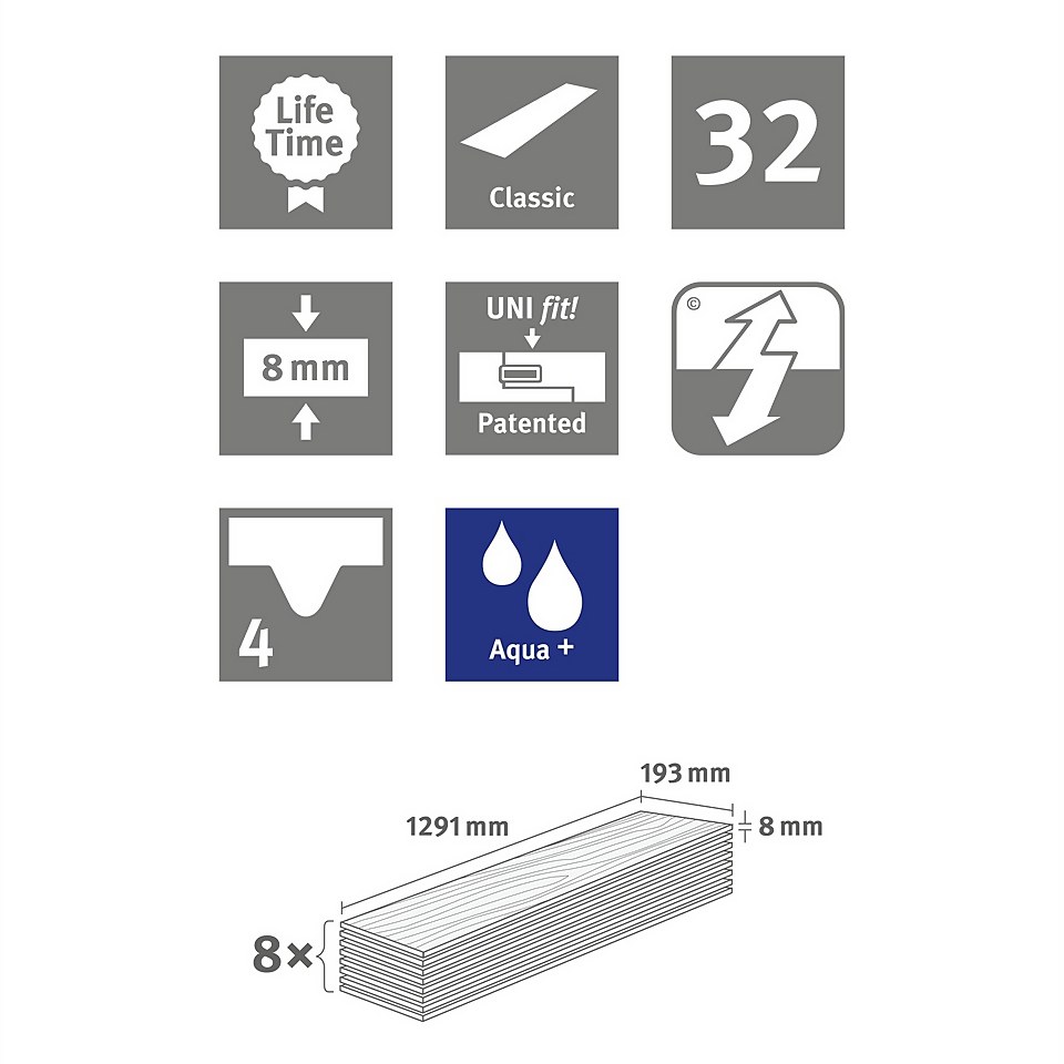 EGGER HOME Aqua+ Grey Toscolano Oak 8mm Laminate Flooring - 1.99 sqm Pack