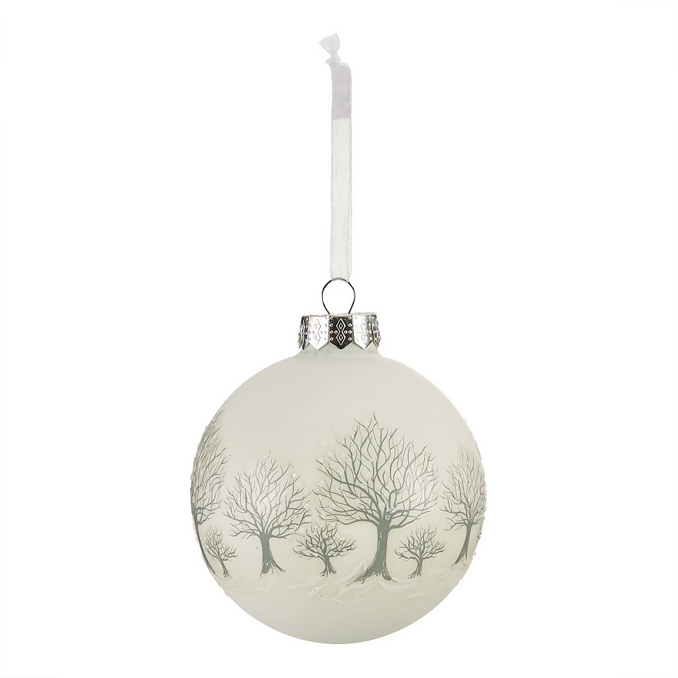 White Grey Tree Scene Glass Christmas Tree Bauble