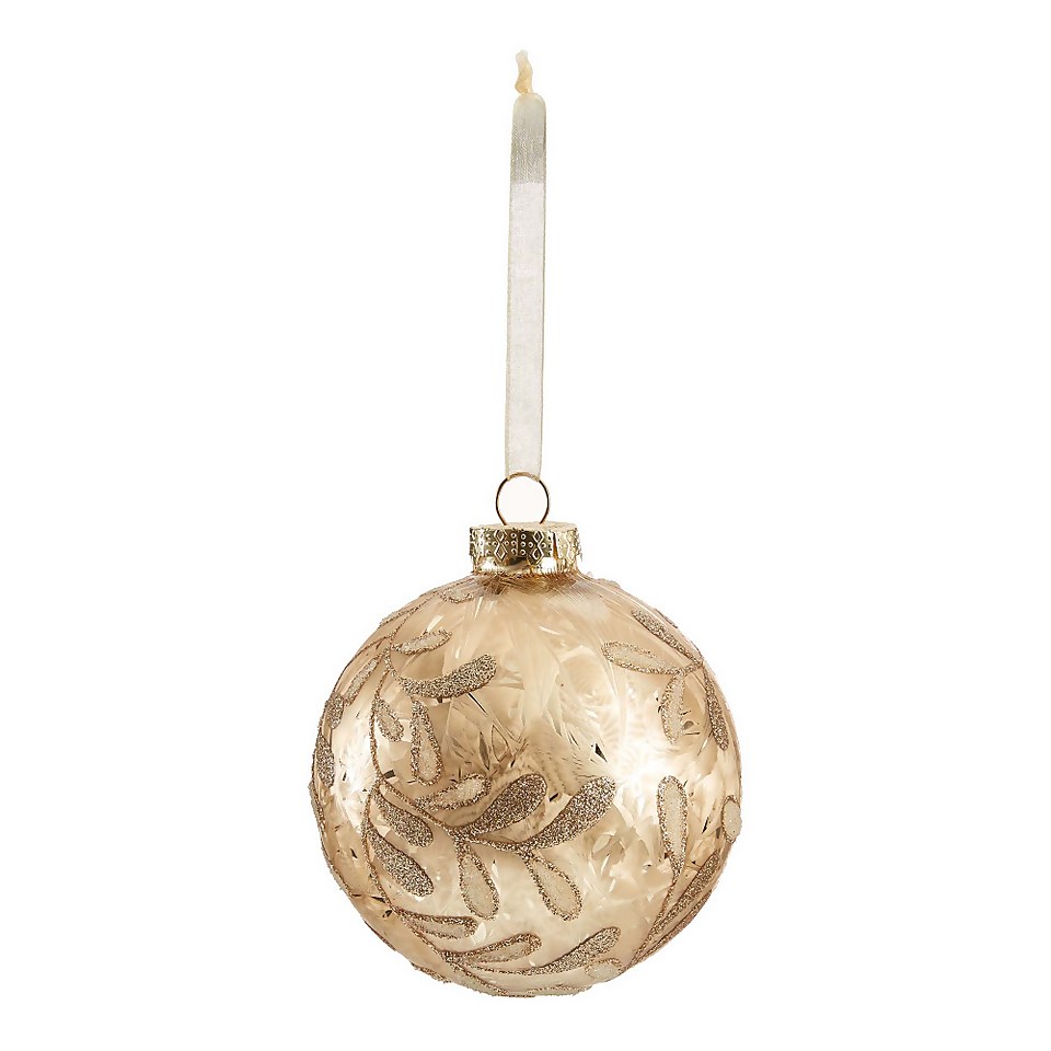 Gold Glitter Leaves Glass Christmas Tree Bauble