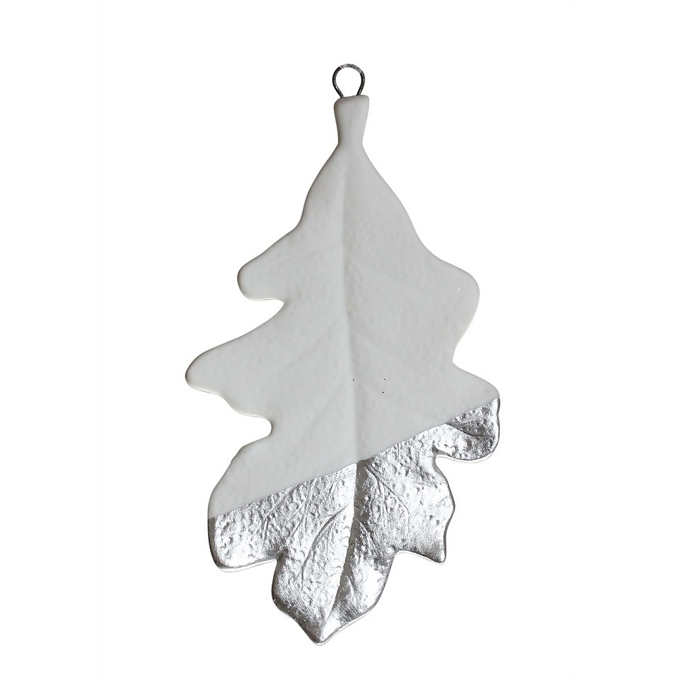 White Silver Dip Oak Leaf Hanging Tree Decoration