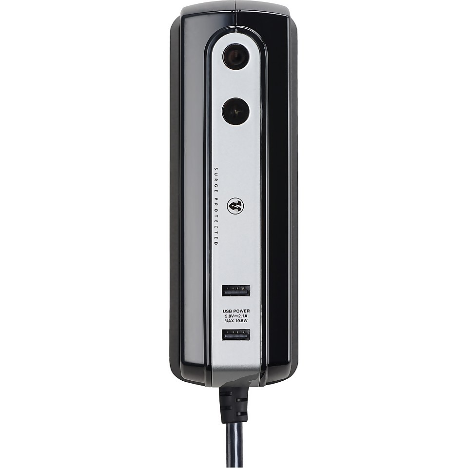 Masterplug 6 Socket 2 USB Surge Compact Extension Lead 2m Gloss Black