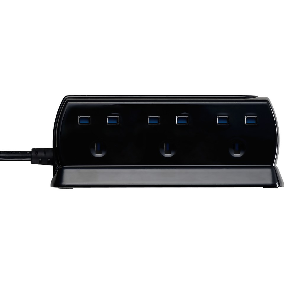Masterplug 6 Socket 2 USB Surge Compact Extension Lead 2m Gloss Black