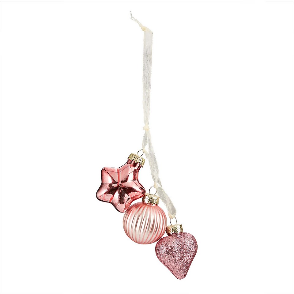 Rose Pink Star, Heart and Bauble Glass Christmas Tree Decoration