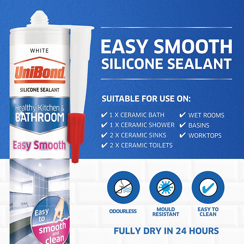 UniBond Easy Smooth Kitchen and Bathroom Sealant - White Cartridge 371g