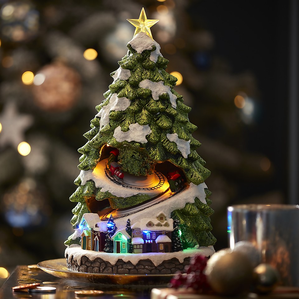 Christmas Tree with Moving Train Musical LED Tabletop Decoration (Mains Powered & Battery Operated)