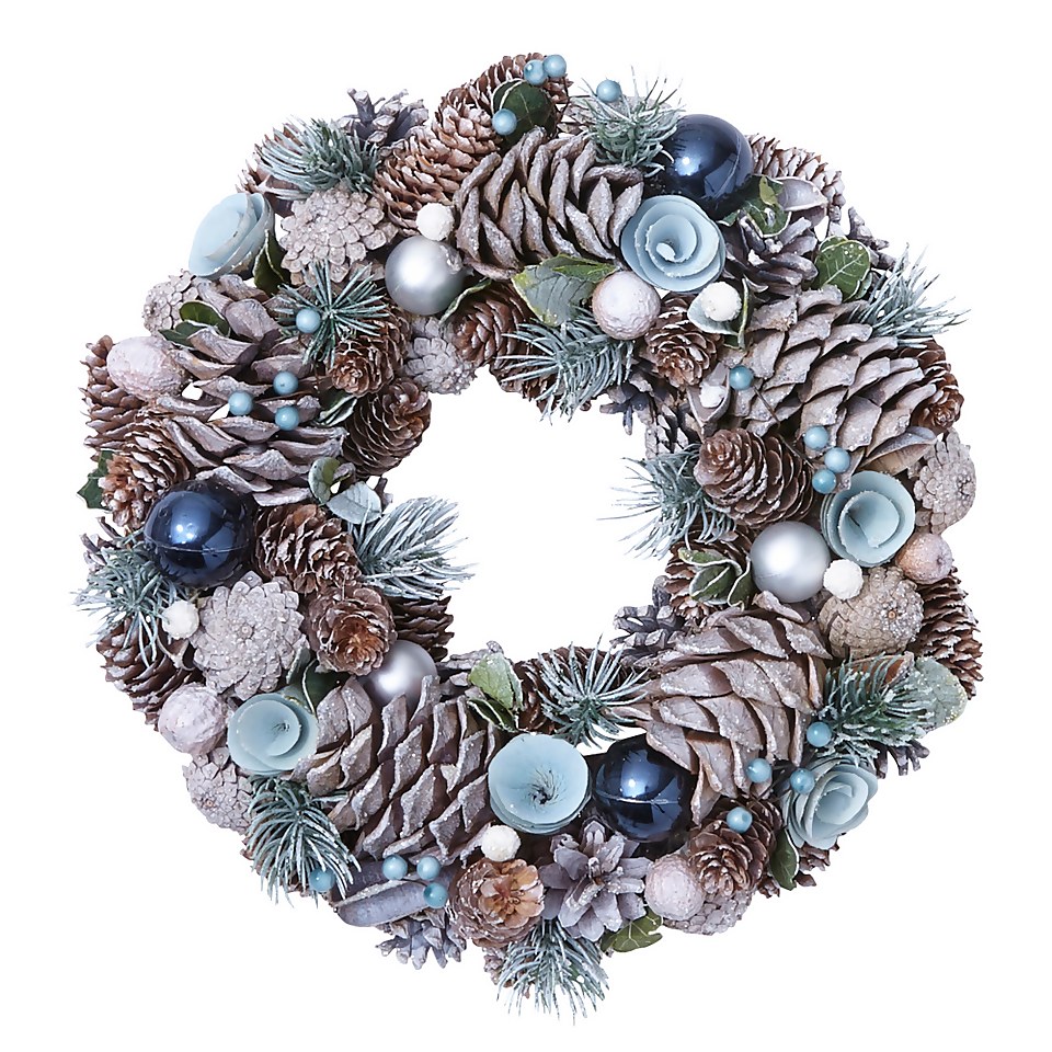 Natural Cone and Blue Bauble Christmas Wreath - 34cm