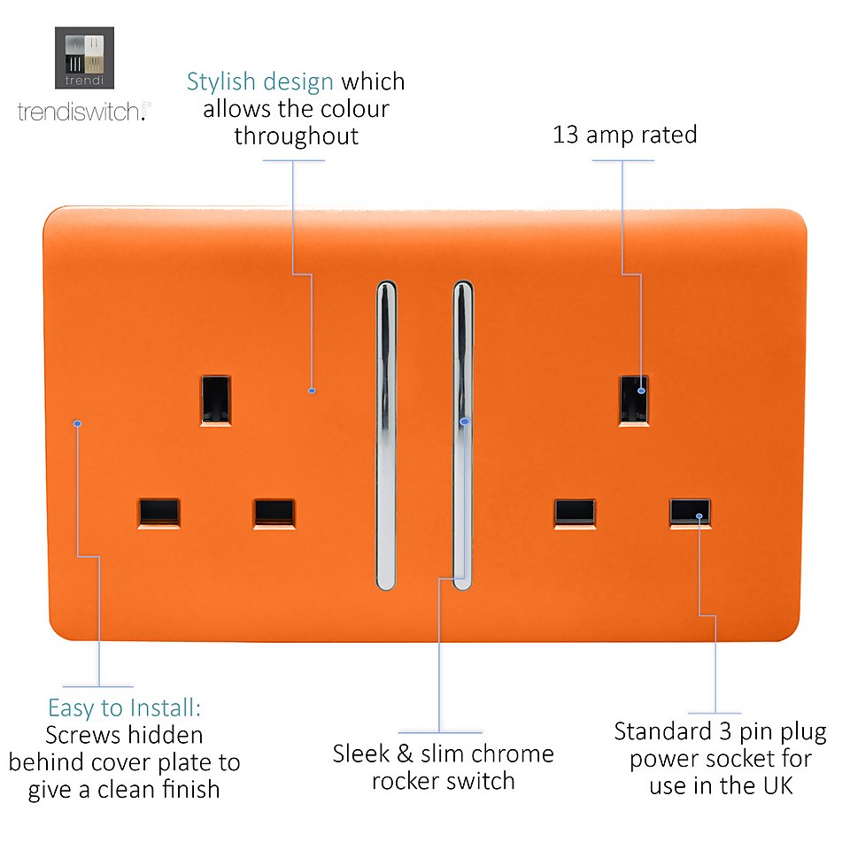 Trendi Switch 2 Gang 13Amp Long Switched Socket in Orange