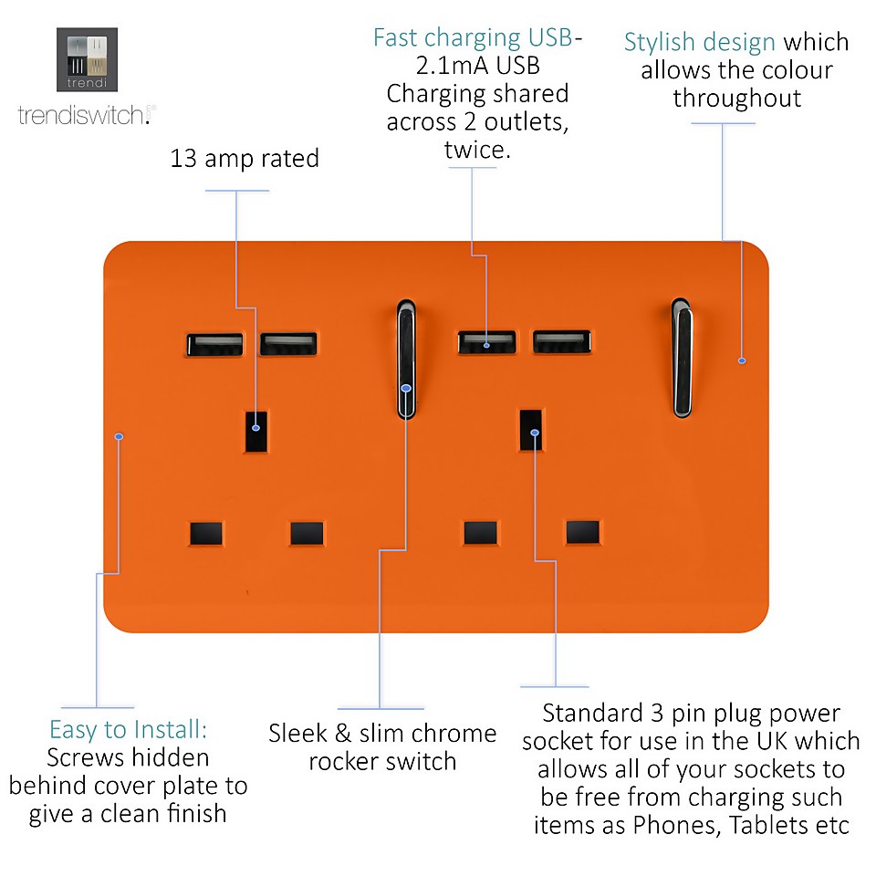 Trendi Switch 2 Gang 13Amp Socket (inc. USB ports) in Orange
