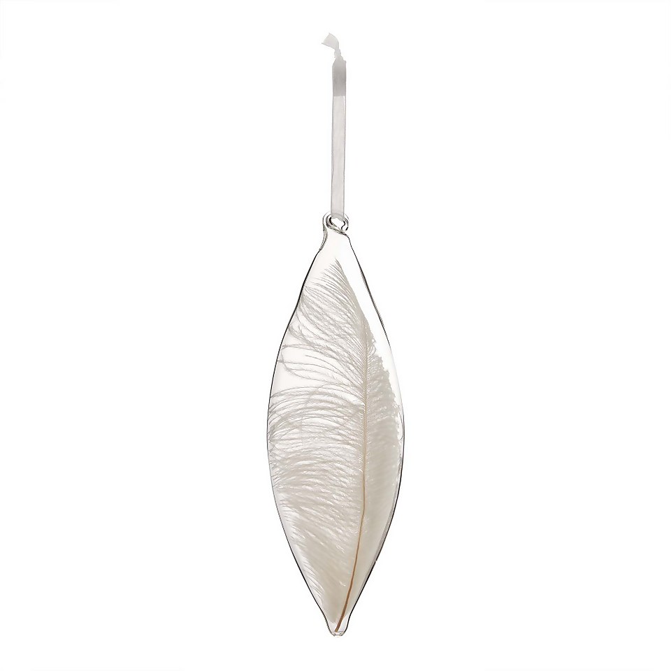 Large White Feather Inset Glass Christmas Bauble Decoration