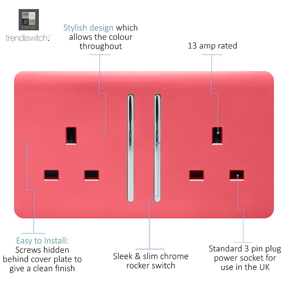 Trendi Switch 2 Gang 13Amp Long Switched Socket in Strawberry