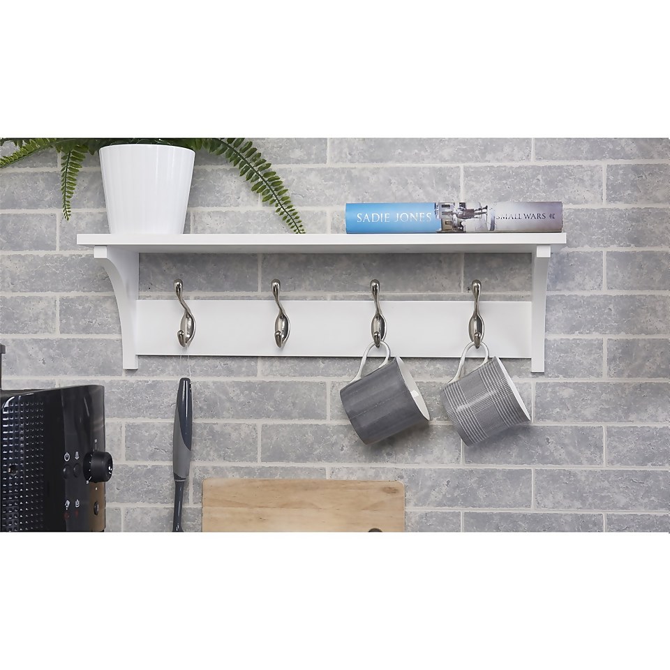 4 Coat Satin Nickel Hooks on White Shelf Combo Homebase