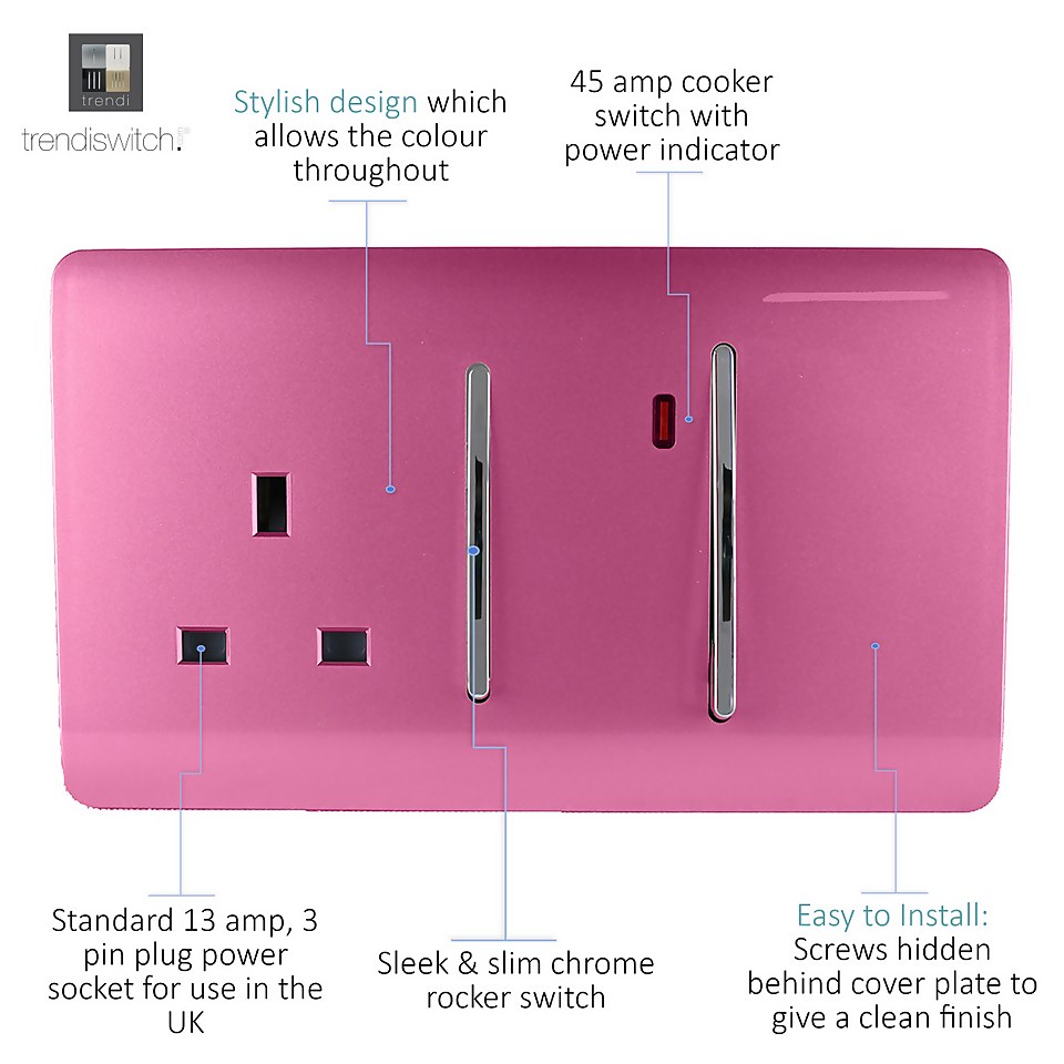 Trendi Switch 45Amp Cooker Switch and Socket in Pink