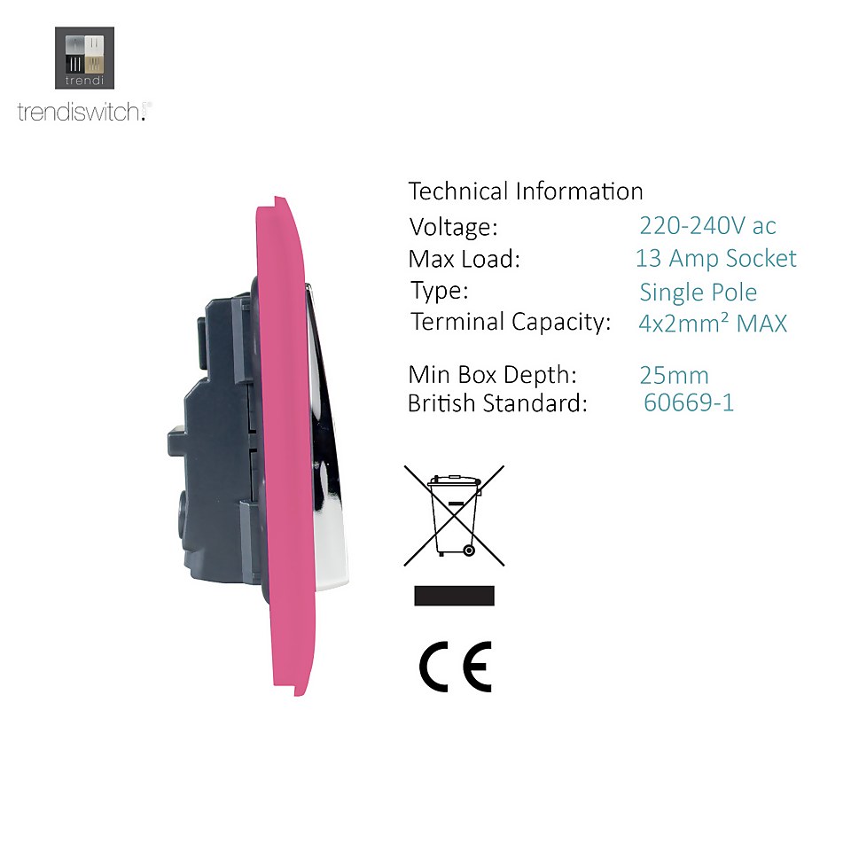 Trendi Switch 2 Gang 13Amp Long Switched Socket in Pink