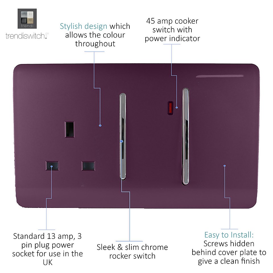 Trendi Switch 45Amp Cooker Switch and Socket in Plum