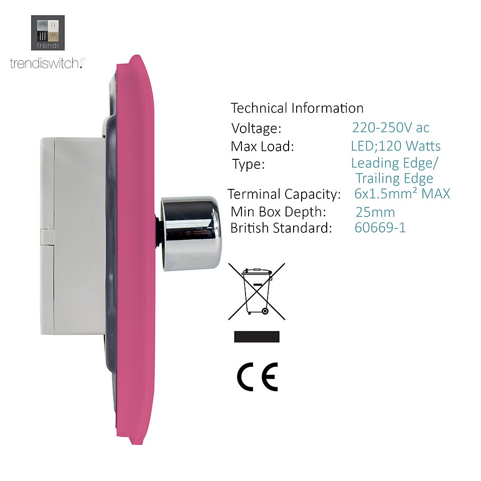 Trendi Switch 1 Gang 120 Watt LED Dimmer Switch in Pink