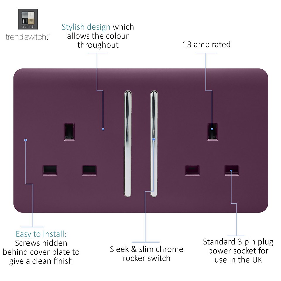 Trendi Switch 2 Gang 13Amp Long Switched Socket in Plum