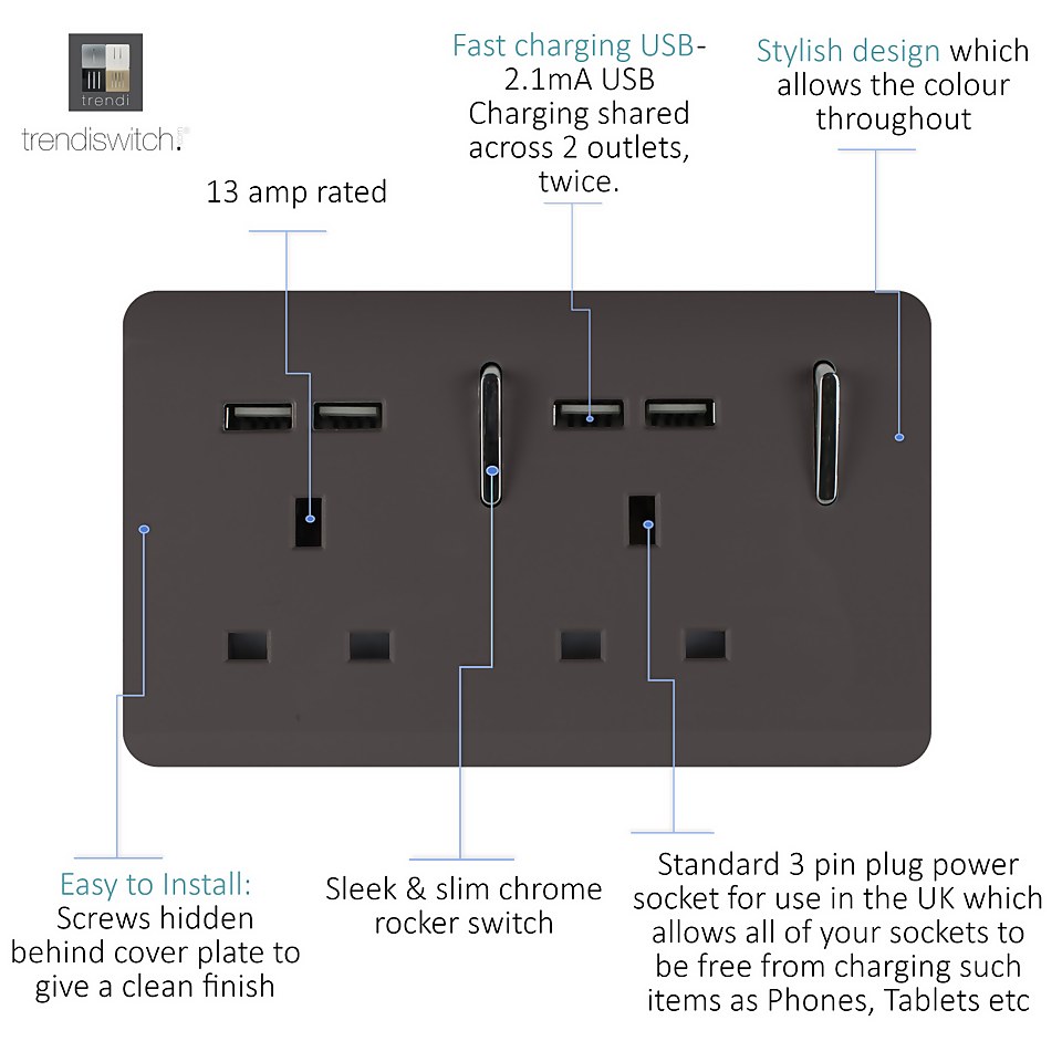 Trendi Switch 2 Gang 13Amp Socket (inc. USB ports) Dark Brown