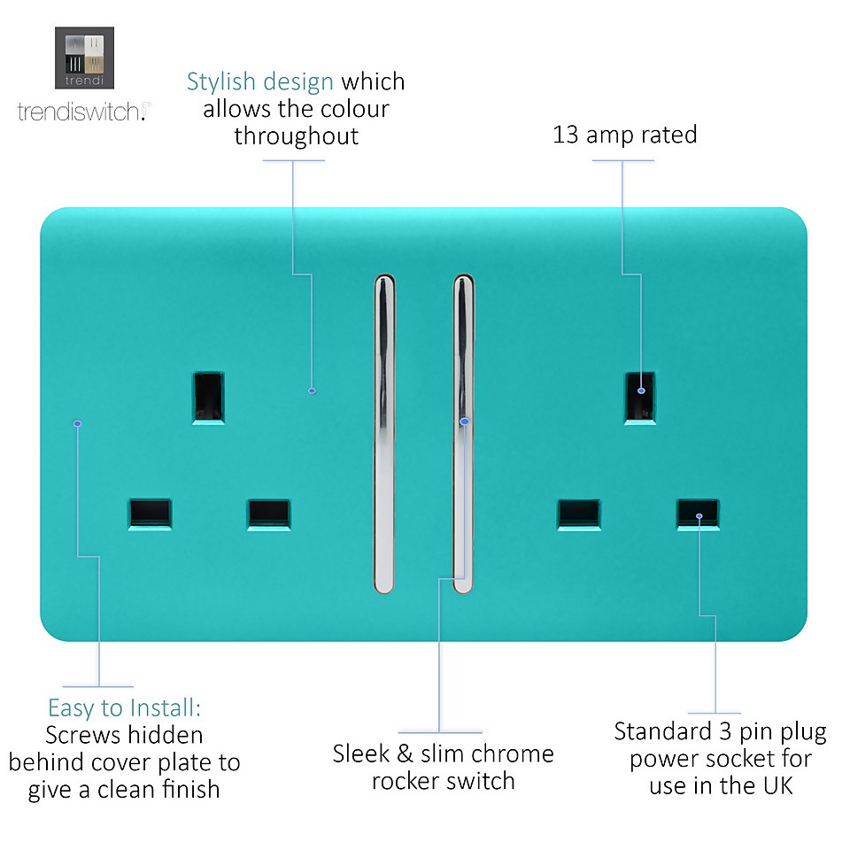 Trendi Switch 2 Gang 13Amp Long Switched Socket in Bright Teal