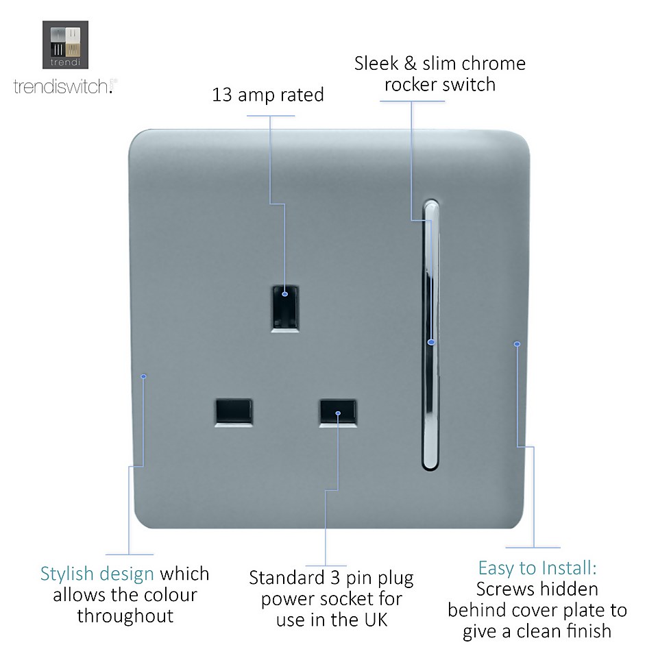 Trendi Switch 1 Gang 13Amp Switched Socket in Cool Grey