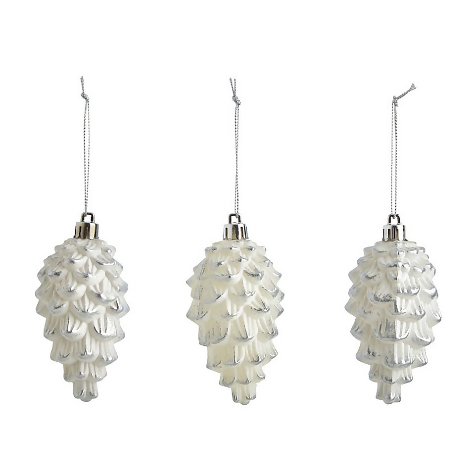 White Pinecones Christmas Tree Decorations - Pack of 6