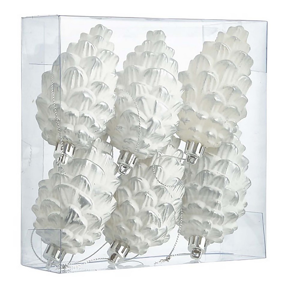 White Pinecones Christmas Tree Decorations - Pack of 6