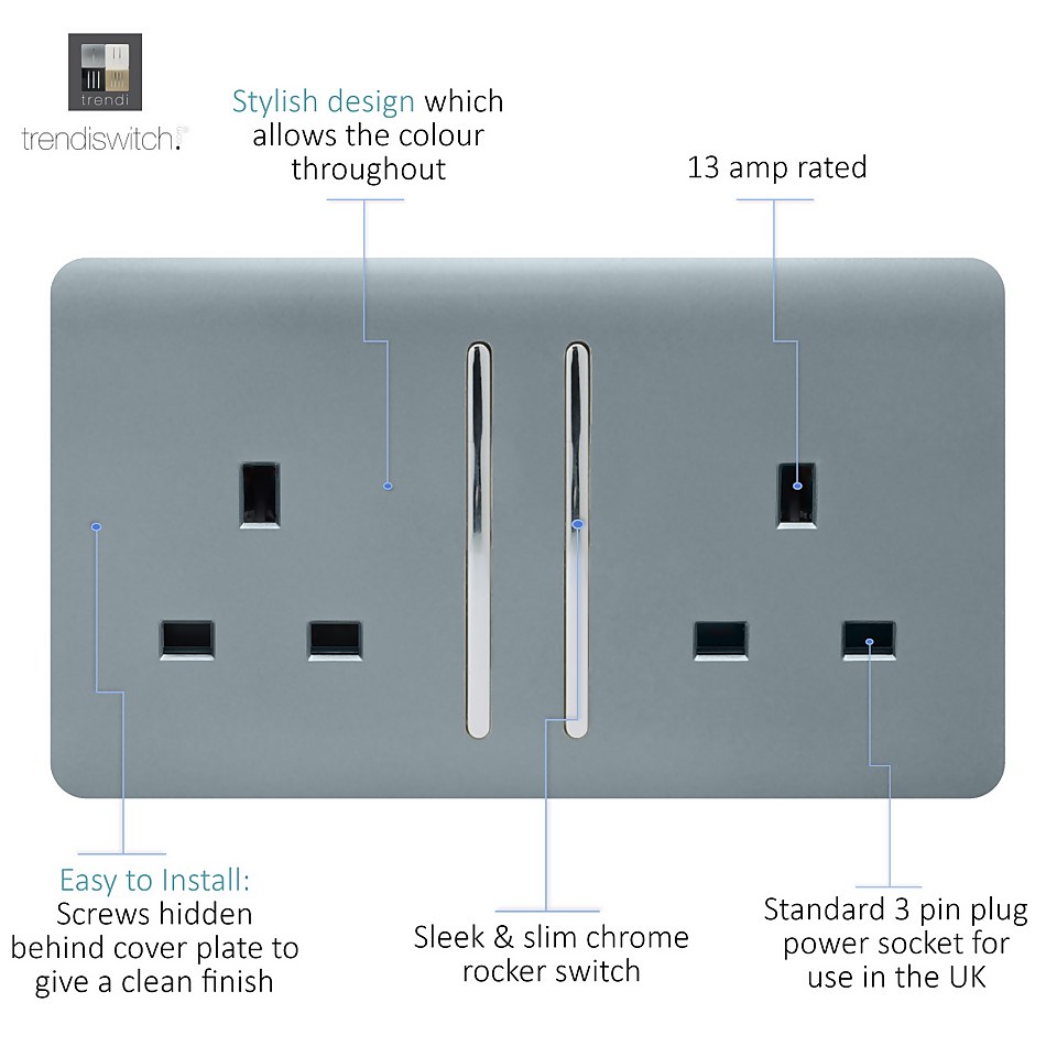 Trendi Switch 2 Gang 13Amp Long Switched Socket in Cool Grey