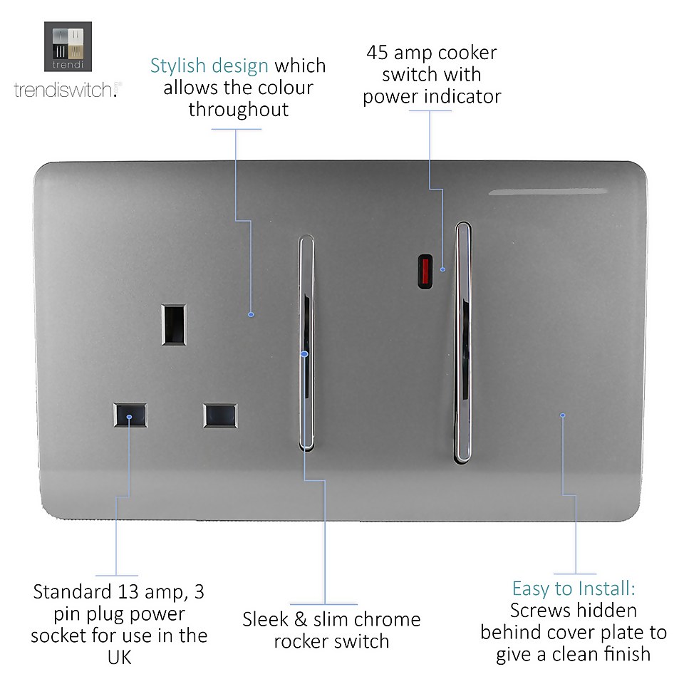 Trendi Switch 45Amp Cooker Switch and Socket in Light Grey