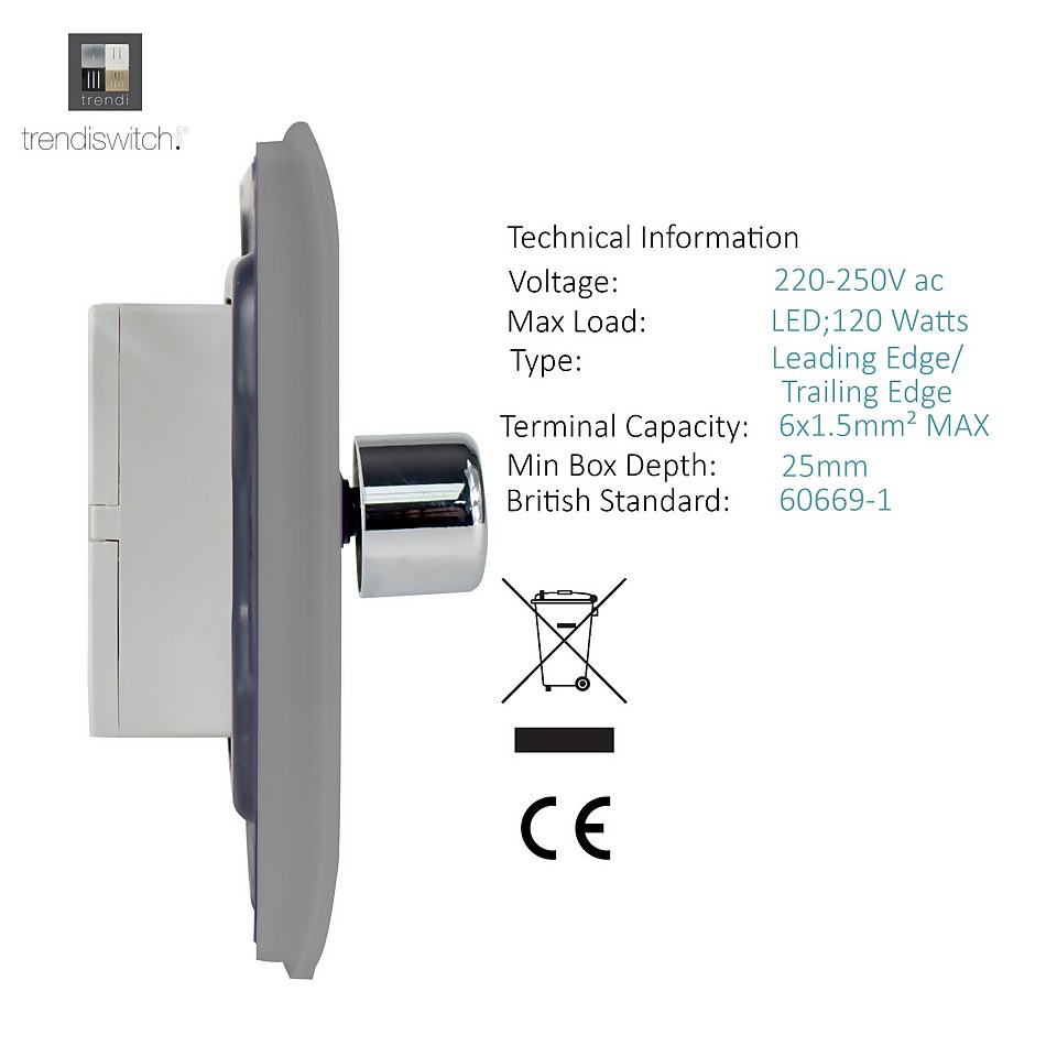 Trendi Switch 1 Gang 120 Watt LED Dimmer Switch in Light Grey